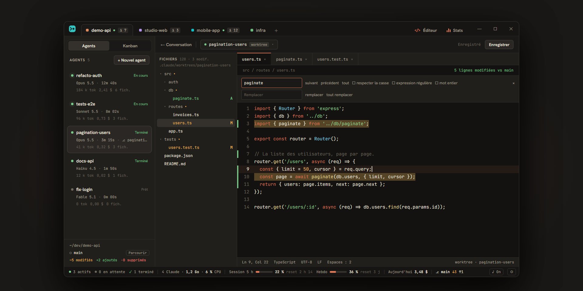 L’éditeur intégré : l’arborescence du worktree, des onglets et le code avec ses lignes modifiées