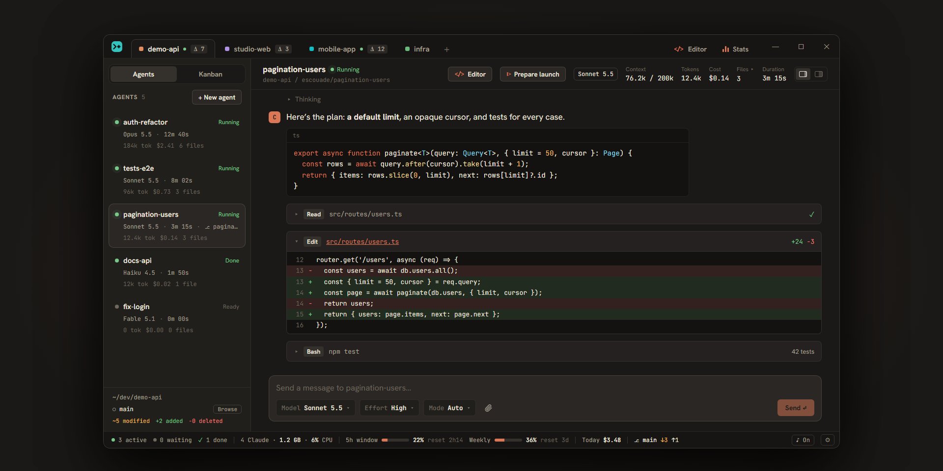 A conversation: Claude’s reply in markdown, a tool call unfolded to its diff