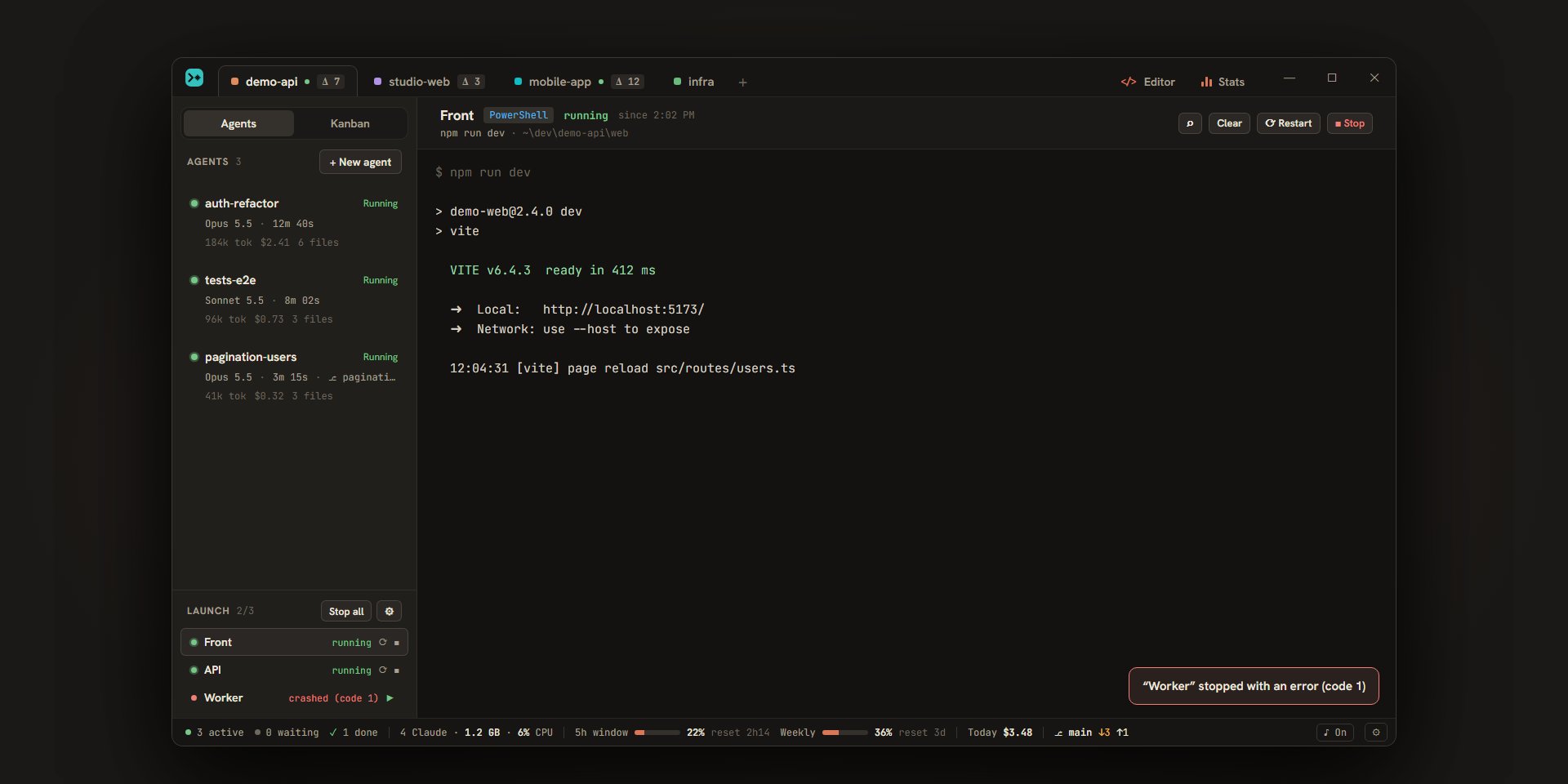 Three launch commands, one of them crashed, and the dev server’s log